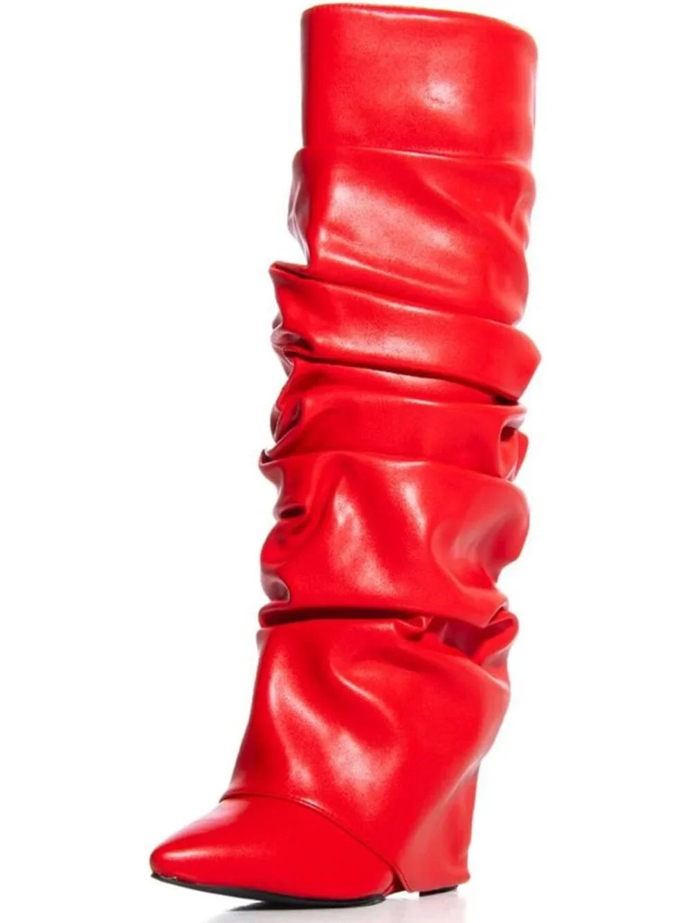 Women's Red Heel Wide Calf Pointed Toe Slouched Fold Over Casual Knee High Boots